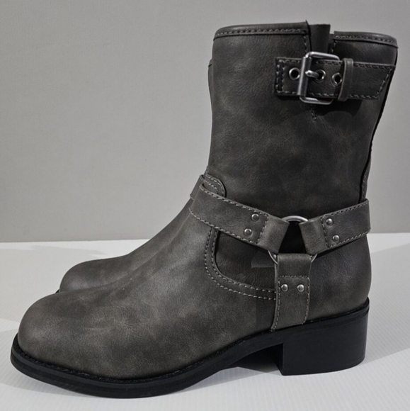 NEW Open Edit Rylan Moto Boot Womens 10 Grey Vegan Leather Buckle Zip Edgy Ankle - Picture 1 of 14
